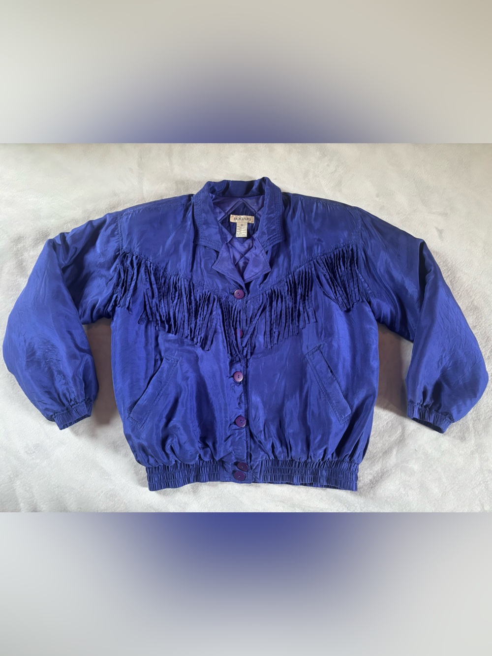 Bogari Silk Jacket Blue Fringe Western Cropped Bomber Quilted Vintage